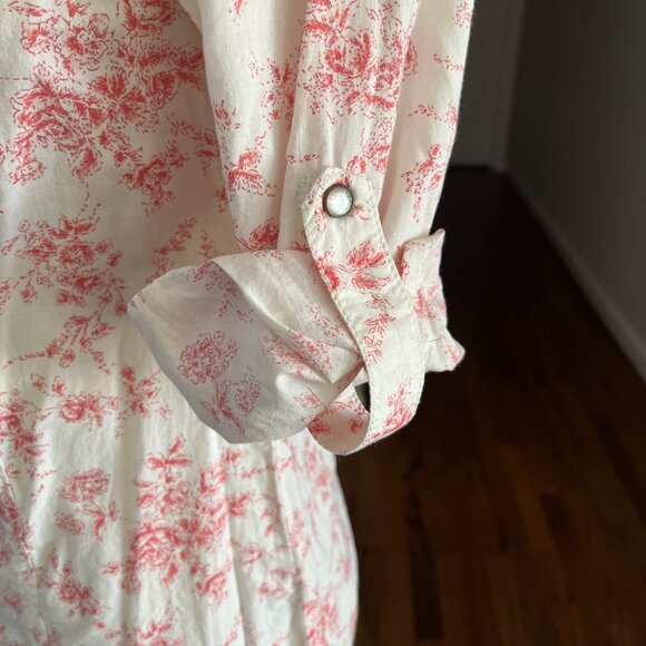 GUESS Los Angeles Women's Ivory/Pink Floral Snap closure Roll up Sleeves Top S - Picture 6 of 11